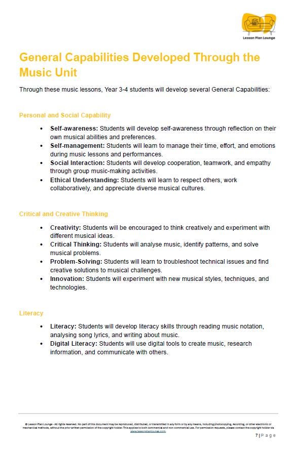 Music - The Arts: 10 Lesson Plans + 1 Summative Assessment Task (Year 4)