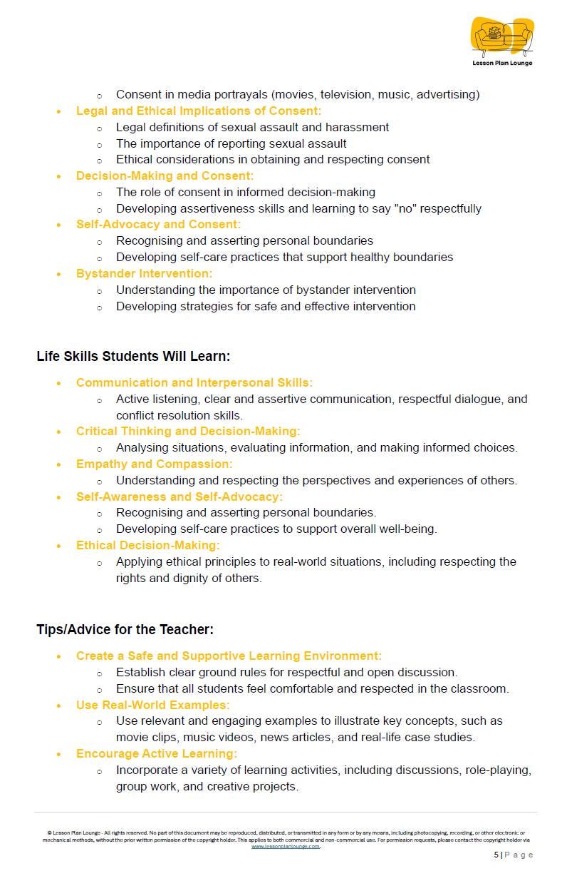 Understanding Consent: 10 Lesson Plans + 1 Summative Assessment + Worksheet Suggestions (High School)