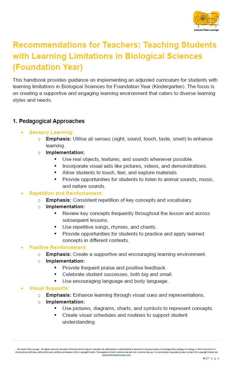 BIOLOGICAL Sciences Adjusted Curriculum: 12 Lesson Plans + 1 Summative Assessment (Kindergarten/ Foundation Year)