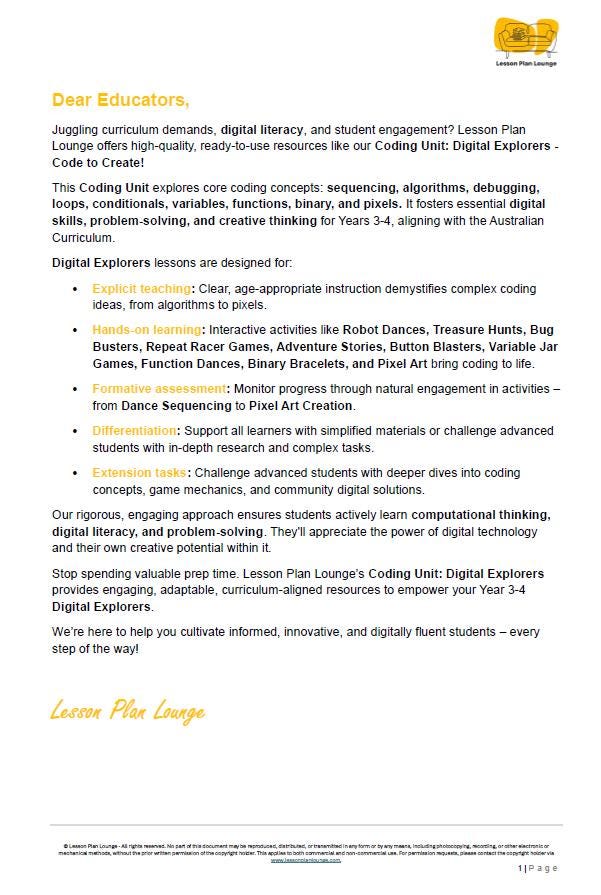 Technologies - Coding: 10 Lesson Plans + 1 Summative Assessment Task (Year 3 to Year 4)