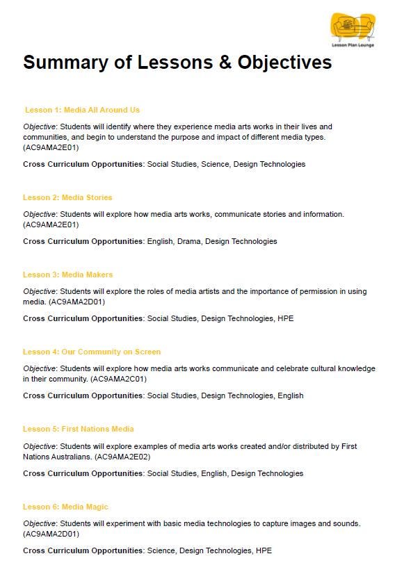 The Arts - MEDIA ARTS: 12 Lesson Plans + 1 Summative Assessment (Year 1)