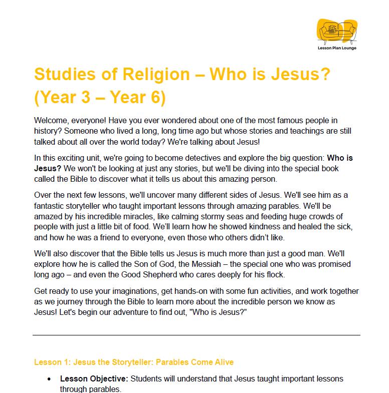 Studies of Religion - Who is Jesus: 10 Lesson Plans + 1 Summative Assessment Task + Student Workbook (Year 3 - Year 6)