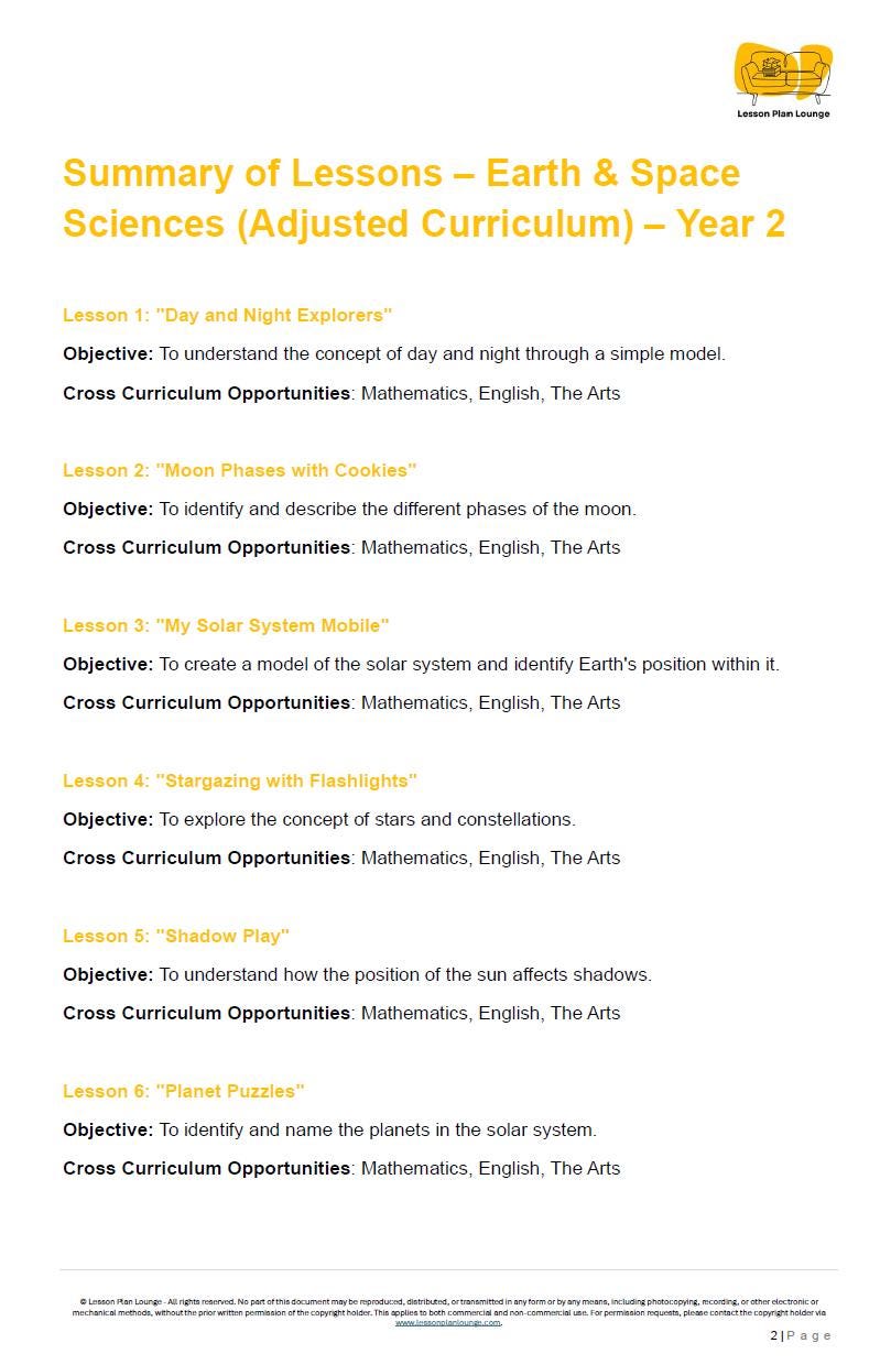 EARTH and SPACE SCIENCES - Adjusted Curriculum: 12 Lesson Plans + 1 Summative Assessment Task (Year 2)