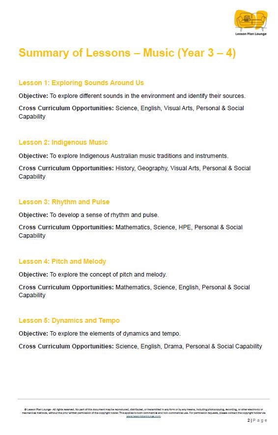 Music - The Arts: 10 Lesson Plans + 1 Summative Assessment Task (Year 4)