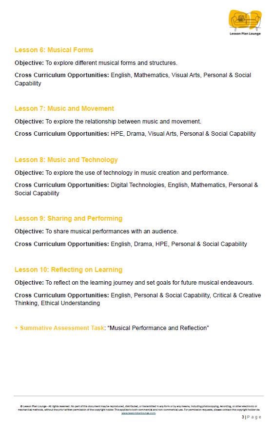 Music - The Arts: 10 Lesson Plans + 1 Summative Assessment Task (Year 4)