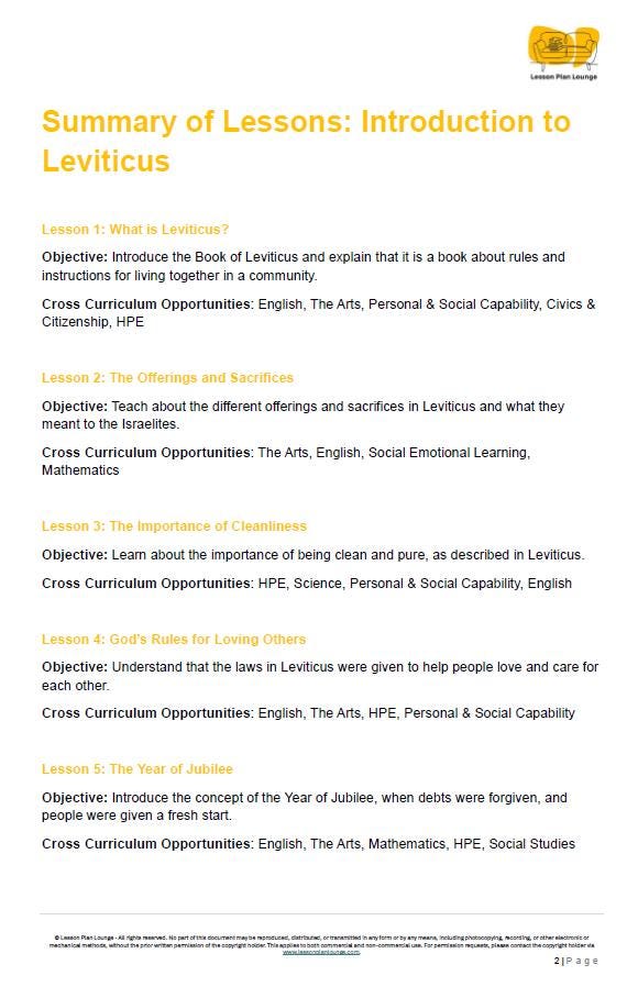 Studies of Religion - Introduction to Leviticus: 10 Lesson Plans + 1 Summative Assessment Task (Kindergarten to Year 2)