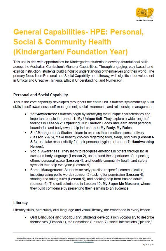 HPE - Personal, Social and Community Health: 11 Lesson Plans + 1 Summative Assessment and FREE Student WORKSHEETS (Kindergarten)