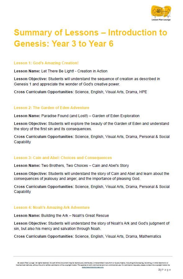Studies of Religion - Introduction to Genesis: 10 Lesson Plans + 1 Summative Assessment Task (Year 3 to Year 6)