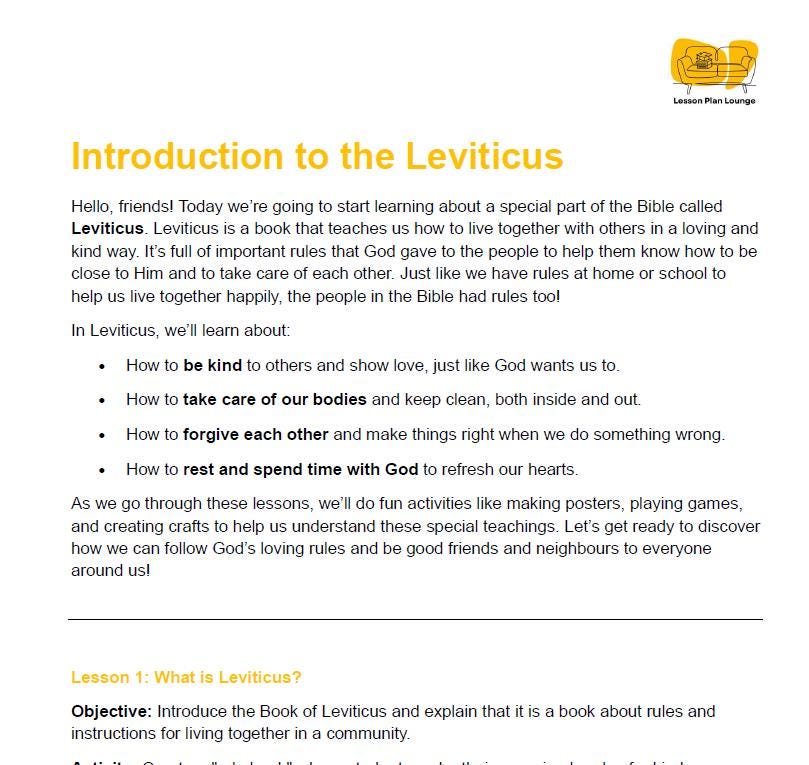 Studies of Religion - Introduction to Leviticus: 10 Lesson Plans + 1 Summative Assessment Task (Kindergarten to Year 2)