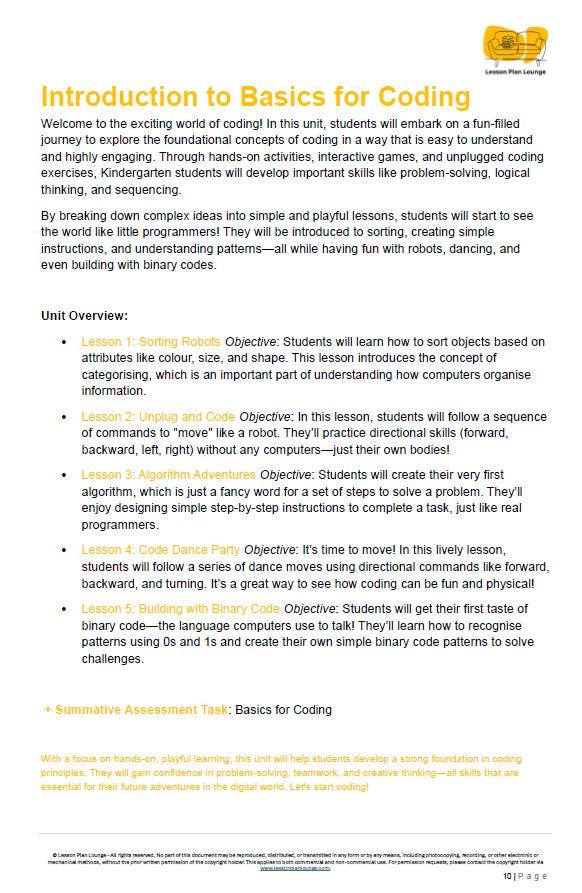 Basics for CODING: 5 Lesson Plans + 1 Summative Assessment Task (Kindergarten)
