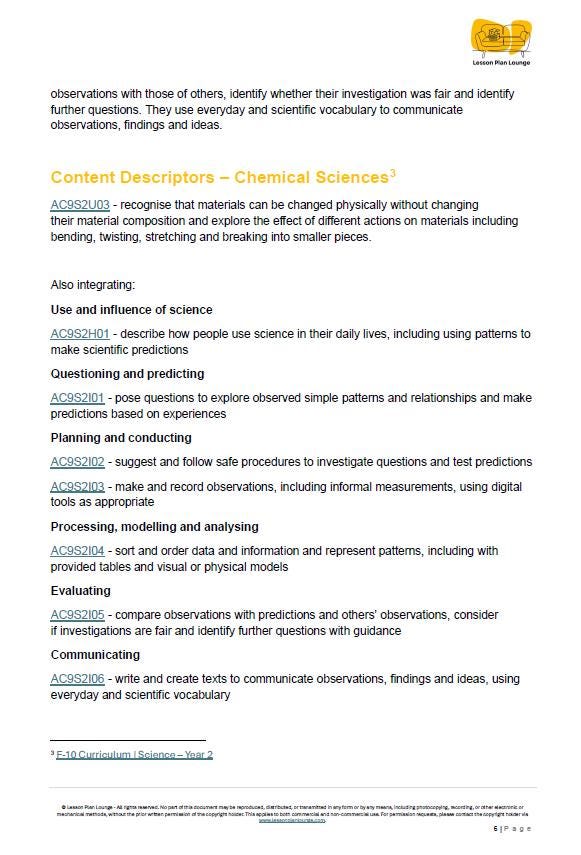 Science - Chemical Sciences: Lesson Plans (10 lessons) + 1 Summative Assessment + FREE Student Workbook (Year 2)