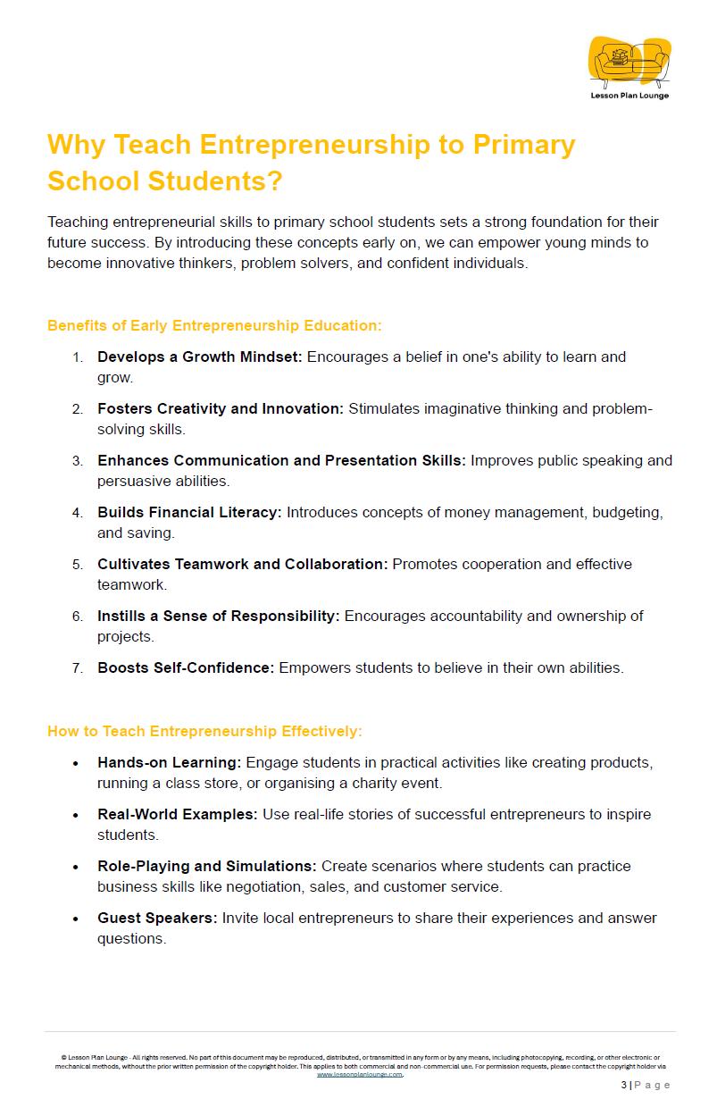 Entrepreneurship - Start Your Own Business: 10 Lesson Plans + 1 Summative Assessment + Worksheet Ideas for each lesson - Primary School
