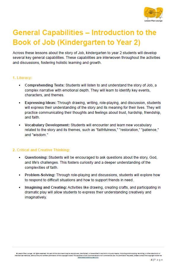 Studies of Religion - Introduction to the Book of Job: 10 Lesson Plans + 1 Summative Assessment Task (Kindergarten to Year 2)