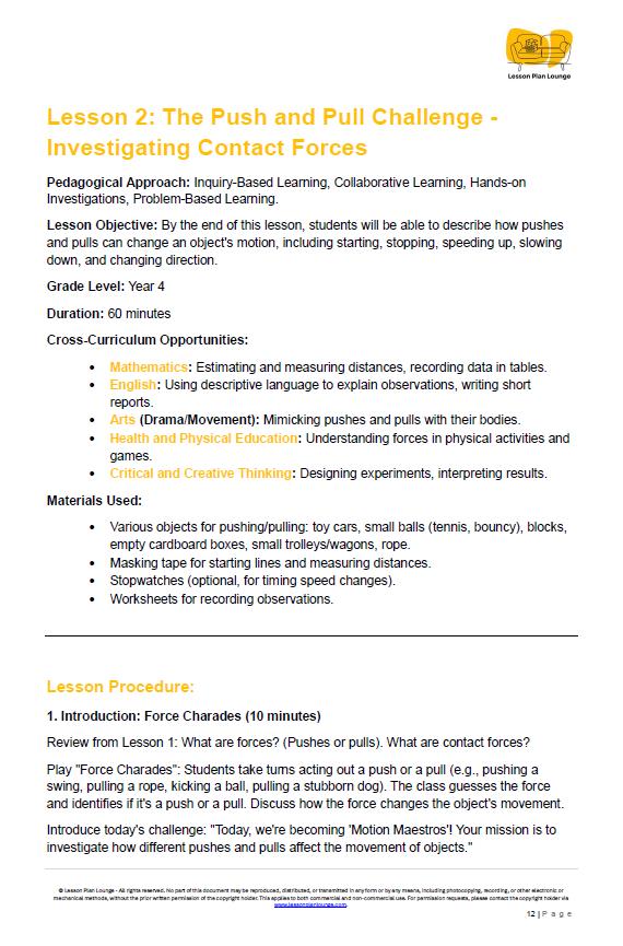 Science - Physical Sciences: 10 Lesson Plans + 1 Summative Assessment and FREE Student WORKBOOK (Year 4)