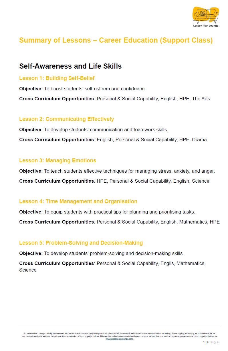 Career Education & Life Skills (Support Class): 22 Lesson Plans (covering 44 lessons) - Year 8 - 10