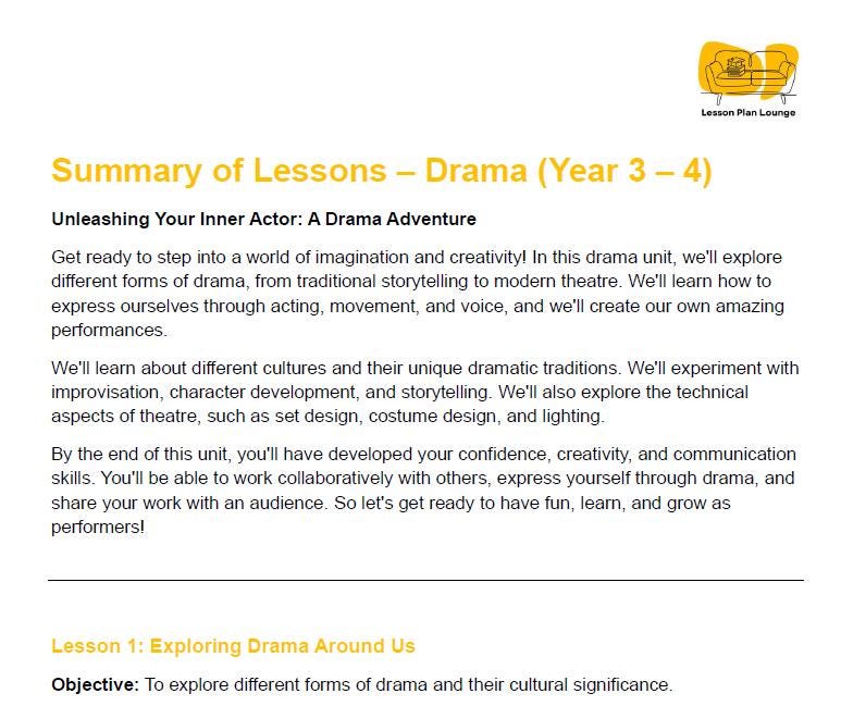 Drama - The Arts: 10 Lesson Plans + 1 Summative Assessment Task (Year 3)