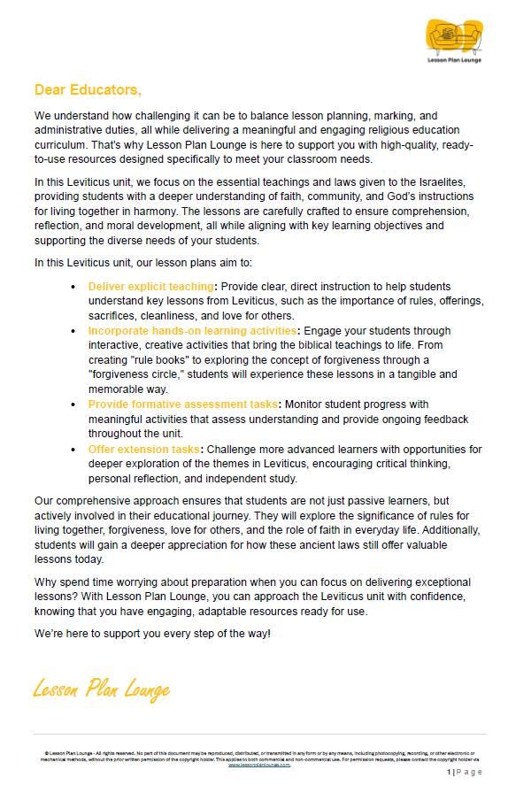 Studies of Religion - Introduction to Leviticus: 10 Lesson Plans + 1 Summative Assessment Task (Kindergarten to Year 2)