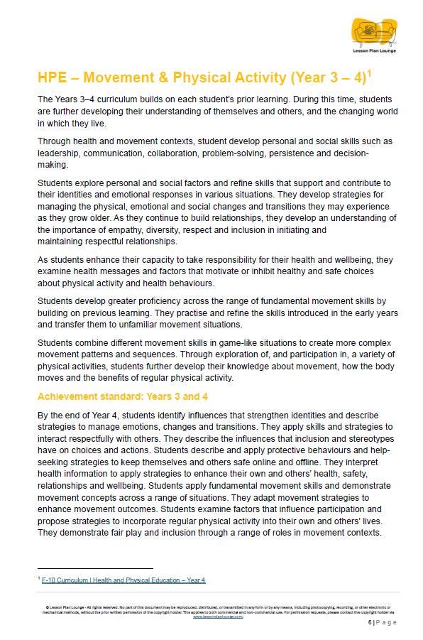 HPE - Movement and Physical Activity: 20 Lesson Plans + 1 Summative Assessment Task (Year 4)
