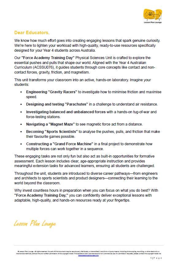 Science - Physical Sciences: 10 Lesson Plans + 1 Summative Assessment and FREE Student WORKBOOK (Year 4)