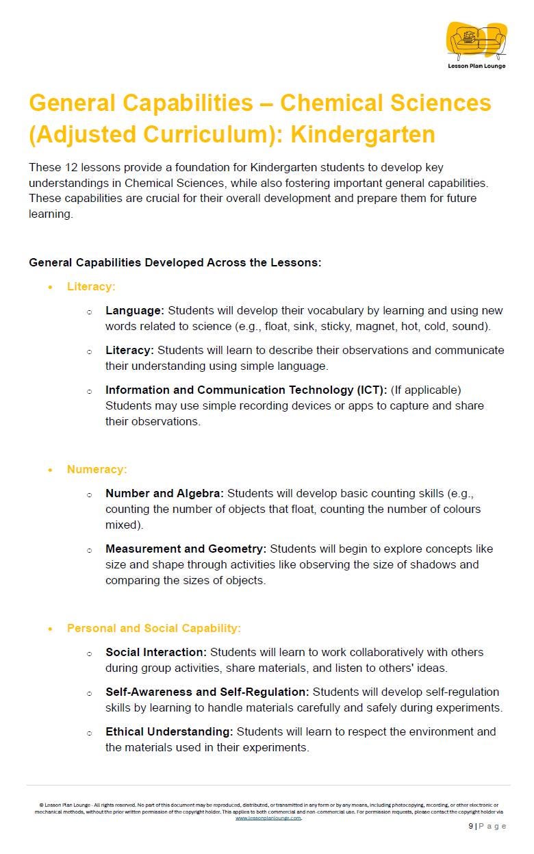 CHEMICAL Sciences - Adjusted Curriculum: 12 Lesson Plans + 1 Summative Assessment (Kindergarten/ Foundation Year)