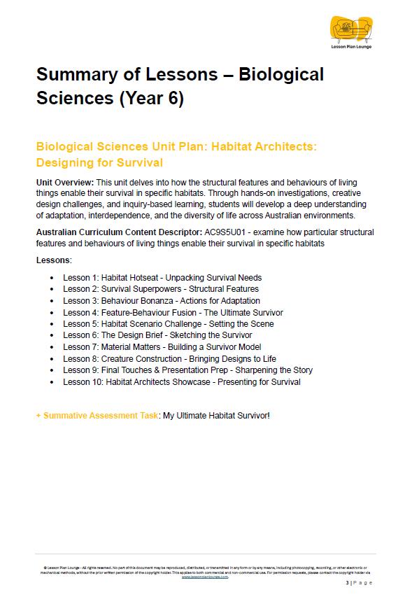 Science - Biological Sciences: Lesson Plans (10 Lessons) + 1 Summative Assessment and FREE Student Workbook (Year 5)