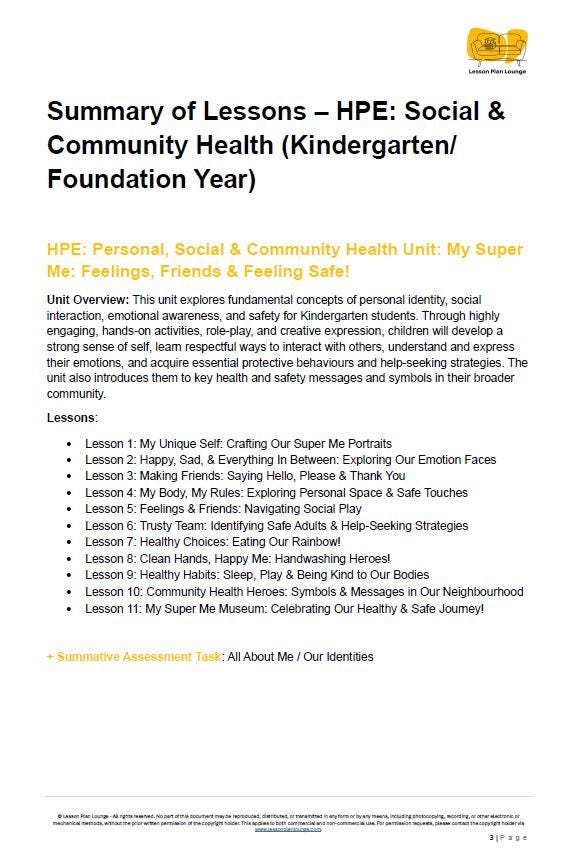 HPE - Personal, Social and Community Health: 11 Lesson Plans + 1 Summative Assessment and FREE Student WORKSHEETS (Kindergarten)
