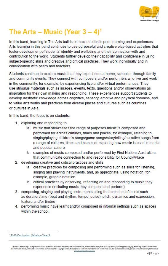 Music - The Arts: 10 Lesson Plans + 1 Summative Assessment Task (Year 3)