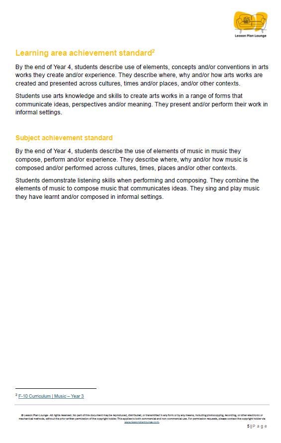 Music - The Arts: 10 Lesson Plans + 1 Summative Assessment Task (Year 3)