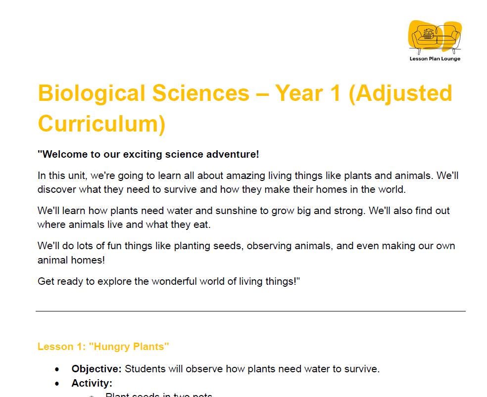 BIOLOGICAL Sciences Adjusted Curriculum: 12 Lesson Plans + 1 Summative Assessment (Year 1)
