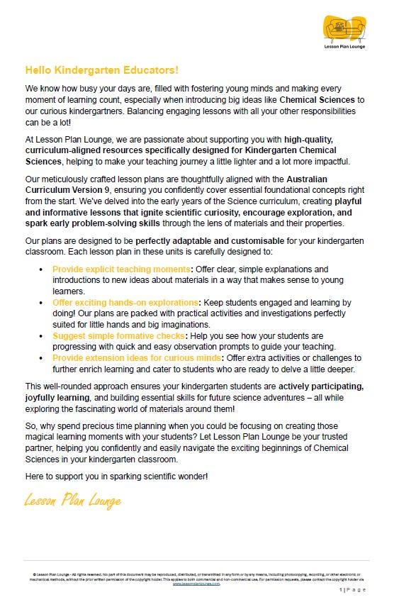 Chemical Science: 10 Lesson Plans + Summative Assessment and FREE Student WORKSHEETS (Foundation Year/ Kindergarten)