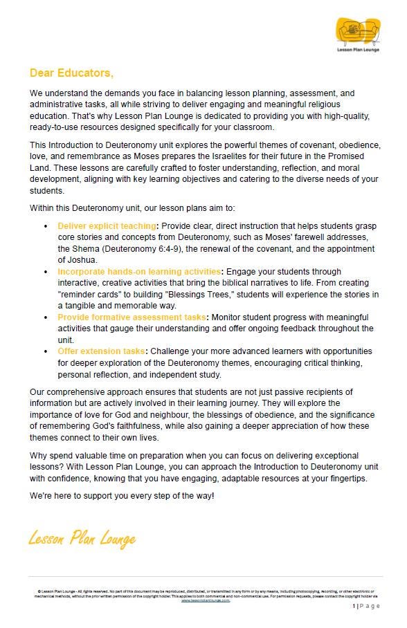 Studies of Religion - Introduction to Deuteronomy: 10 Lesson Plans + 1 Summative Assessment Task (Kindergarten to Year 2)