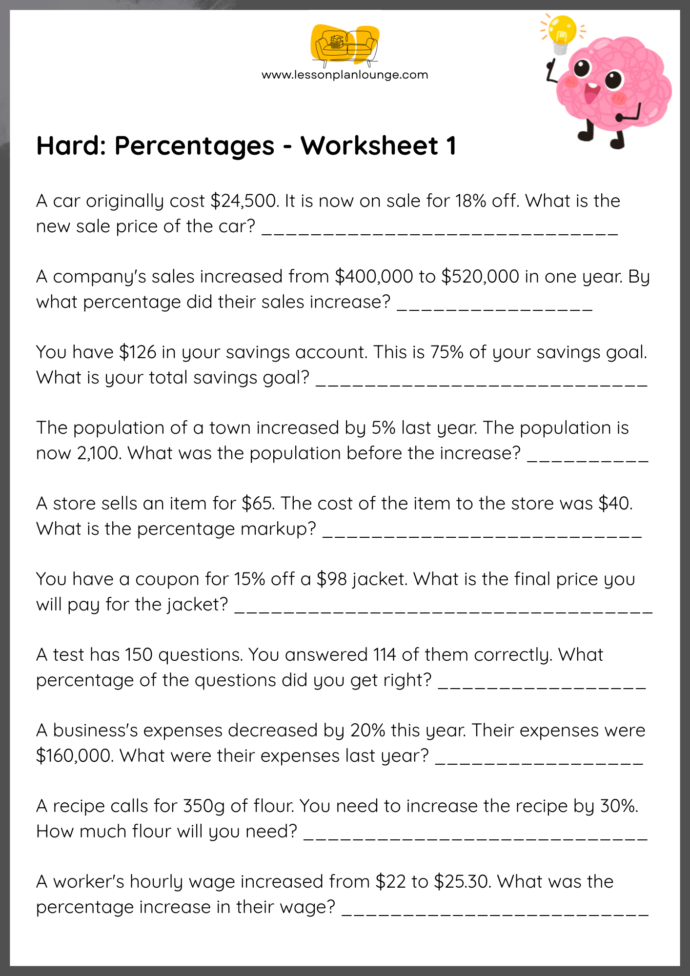 FREE Worksheets - Mathematics - Hard Percentages - Primary/ High School