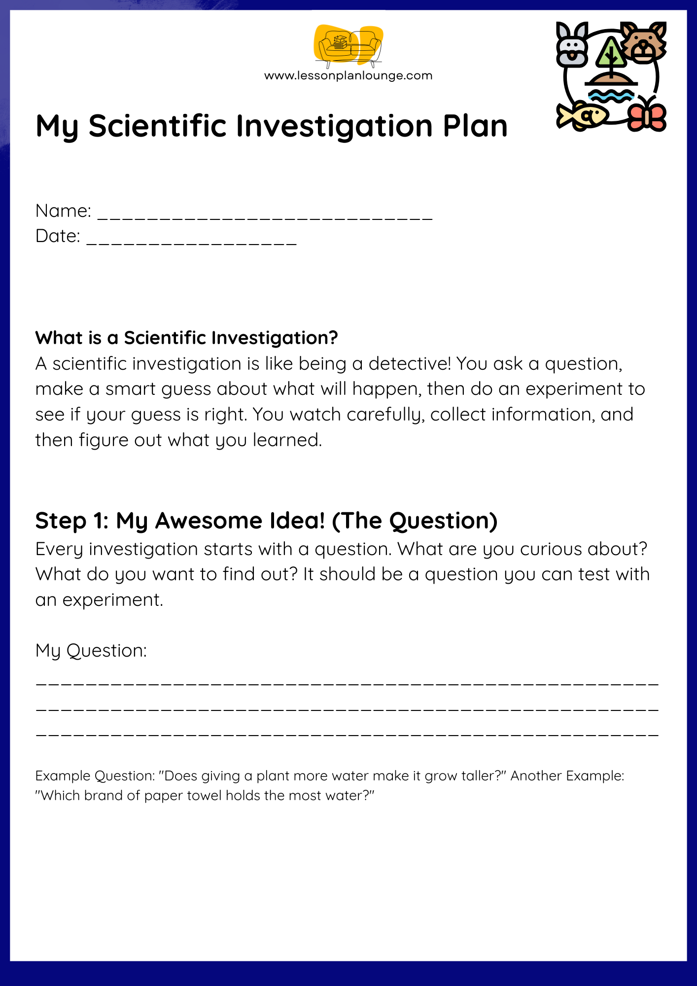 FREE Worksheet - My Scientific Investigation Plan (Habitat) - Education - Biological Sciences (Year 4 - Year 8)