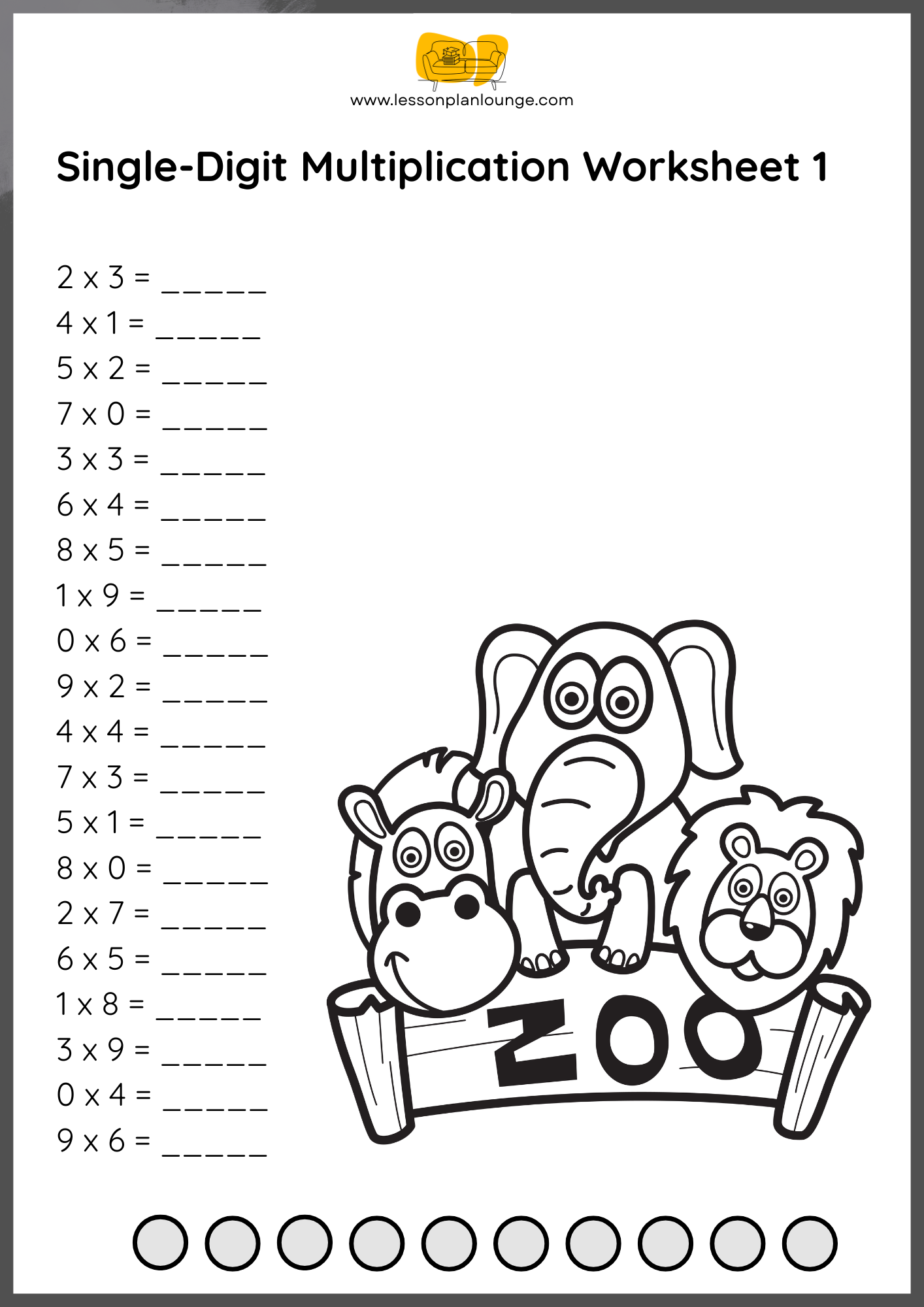FREE WORKSHEETS - Mathematics - Single Digits Multiplication - Primary Education