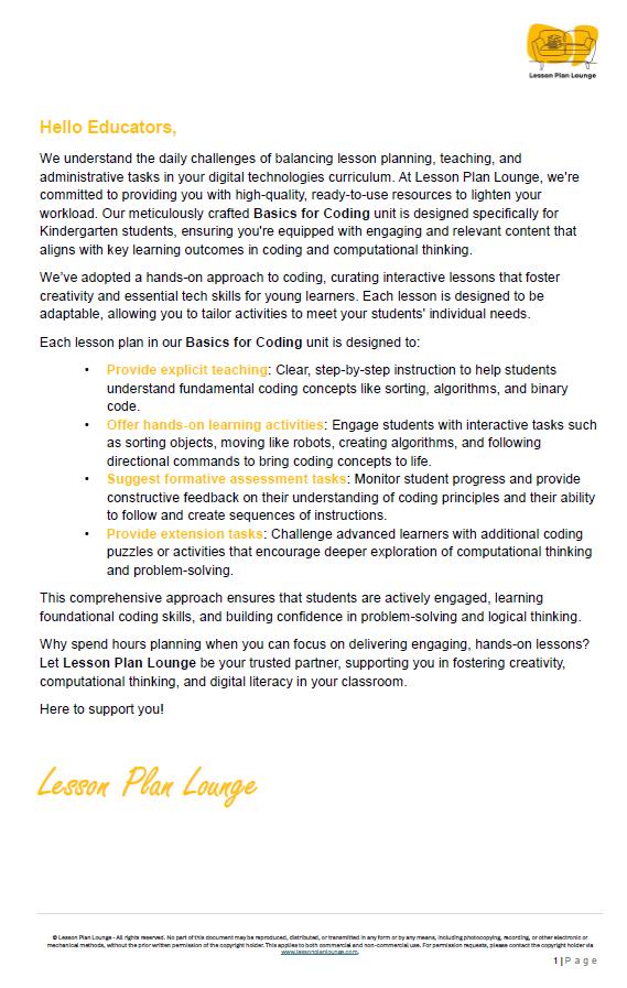 Basics for CODING: 5 Lesson Plans + 1 Summative Assessment Task (Kindergarten)