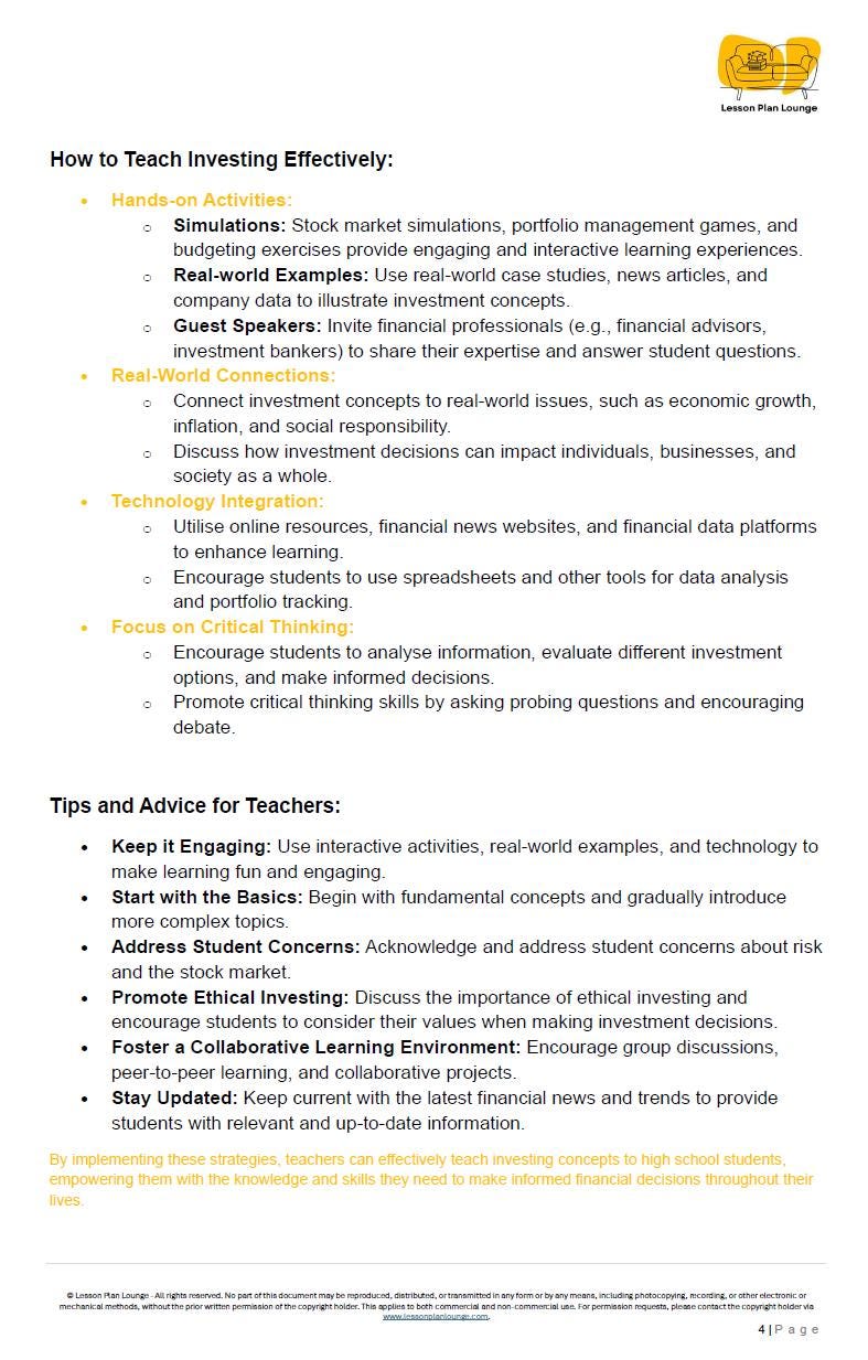 Investing Insights - 10 Lesson Plans + 1 Summative Assessment + Worksheet suggestions (High School)
