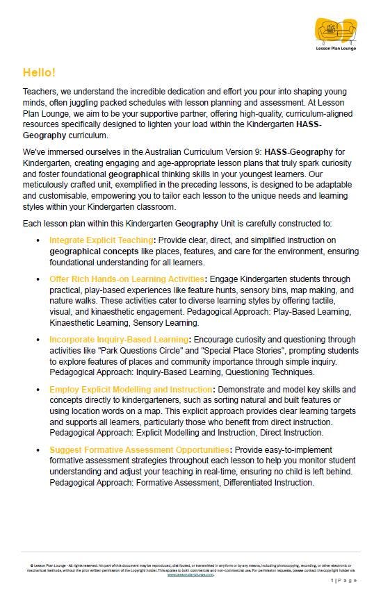 HASS - Geography: 10 lesson plans + 1 summative assessment and FREE Student WORKSHEETS (Kindergarten/ Foundation Year)