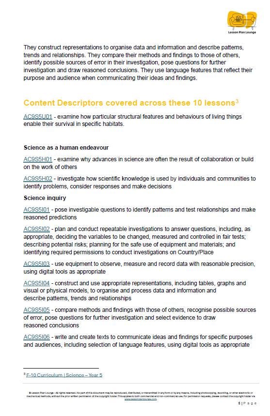 Science - Biological Sciences: Lesson Plans (10 Lessons) + 1 Summative Assessment and FREE Student Workbook (Year 5)