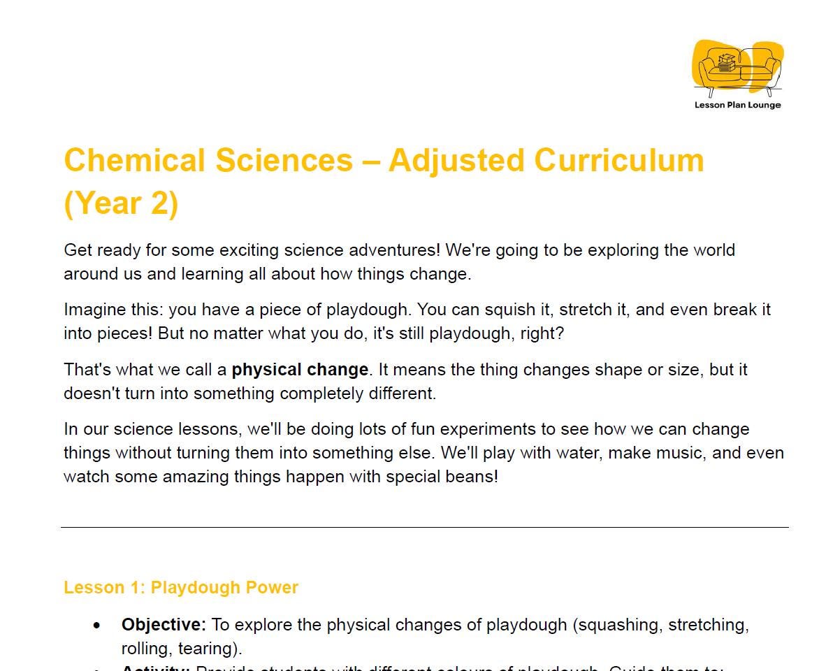 CHEMICAL Sciences - Adjusted Curriculum: 12 Lesson Plans + 1 Summative Assessment (Year 2)