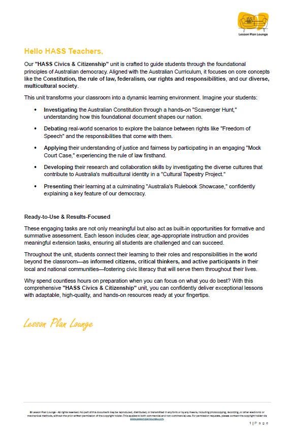 HASS Civics & Citizenship: 4 Lesson Plans + 1 Summative Assessment Task + FREE Student WORKBOOK (Year 8)