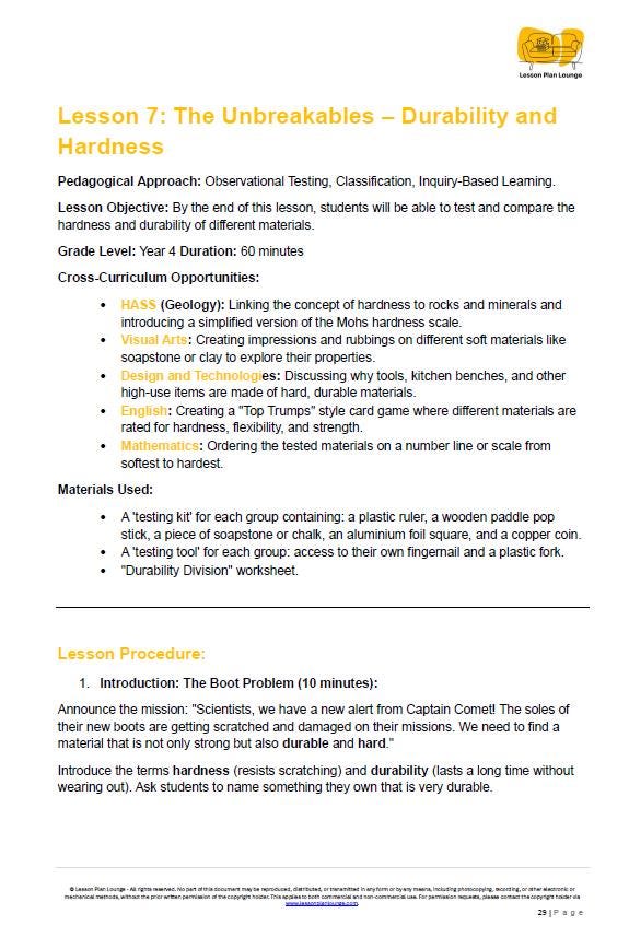 Science - Chemical Sciences: 10 Lesson Plans + 1 Summative Assessment and FREE Student WORKBOOK (Year 4)