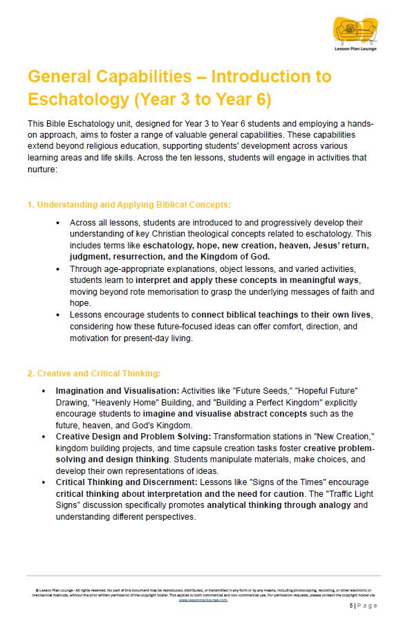 Studies of Religion - Introduction to Eschatology: 10 Lesson Plans + Marking Rubric for lesson 10 (Year 3 to Year 6)