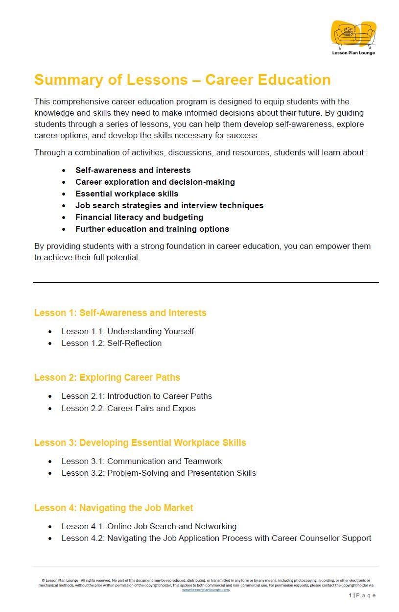 Career Education: 10 Lesson Plans (covering 20 lessons) + Worksheets (Year 9 - 10)