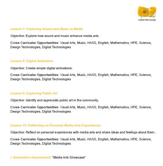 The Arts - MEDIA ARTS: 10 Lesson Plans + 1 Summative Assessment (Foundation Year/ Kindergarten)