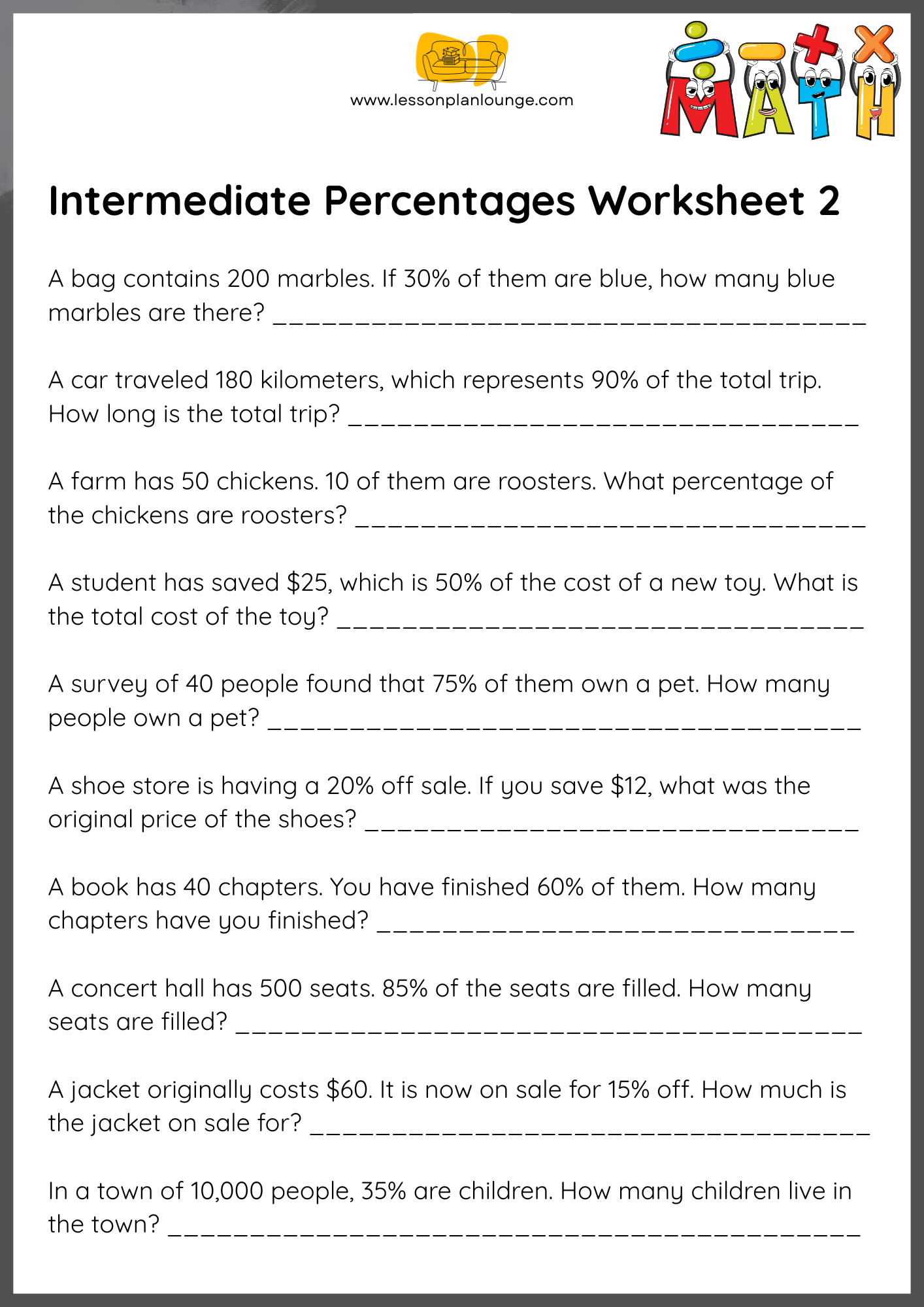 FREE Worksheets - Mathematics - Intermediate Percentages - Primary/ High School