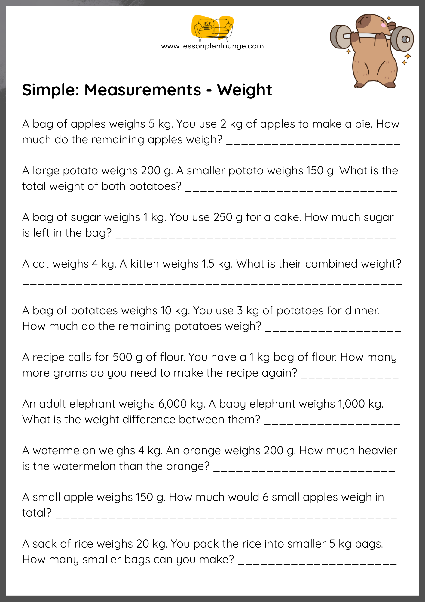 FREE Worksheets - Mathematics - Simple Measurements - Primary School