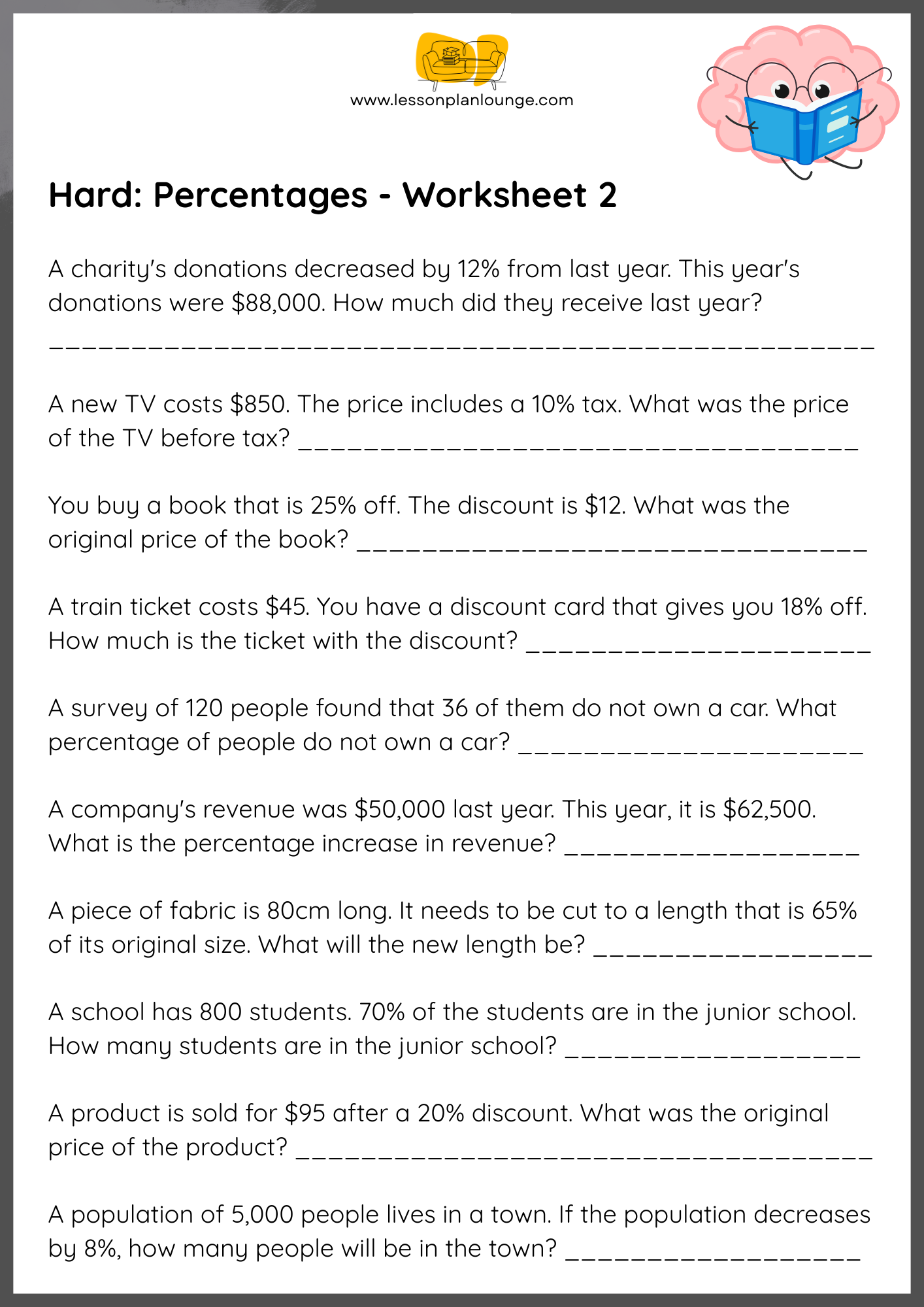 FREE Worksheets - Mathematics - Hard Percentages - Primary/ High School