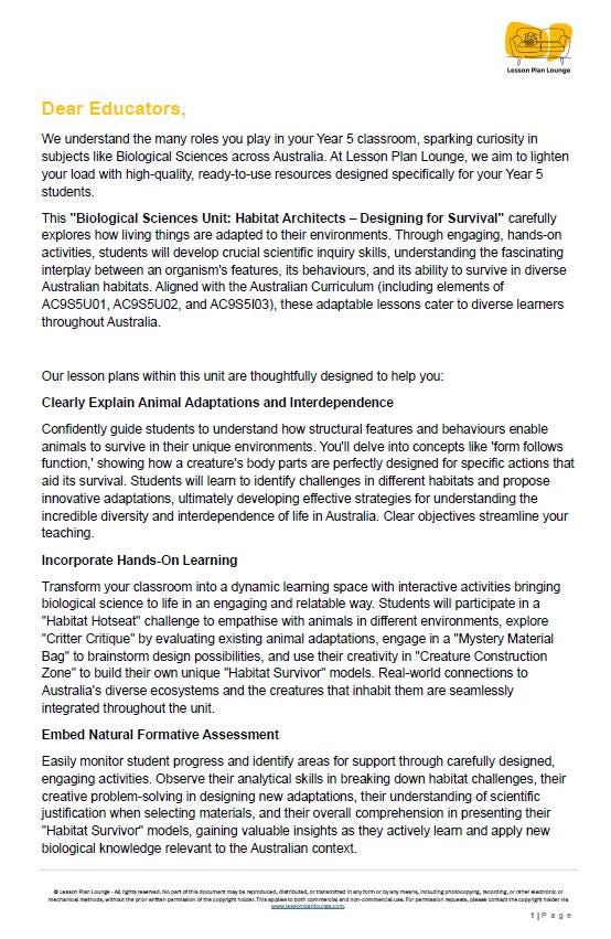 Science - Biological Sciences: Lesson Plans (10 Lessons) + 1 Summative Assessment and FREE Student Workbook (Year 5)