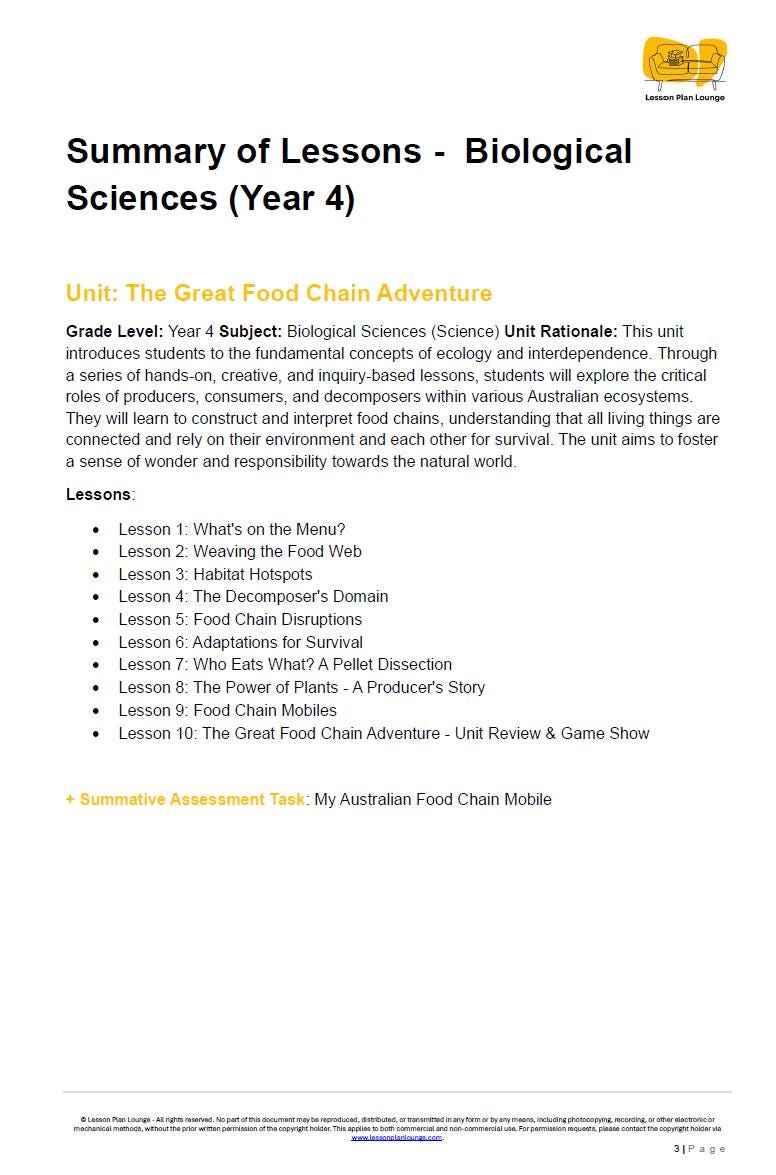 Science - Biological Sciences: 10 Lesson Plans + 1 Summative Assessment and FREE Student WORKBOOK (Year 4)