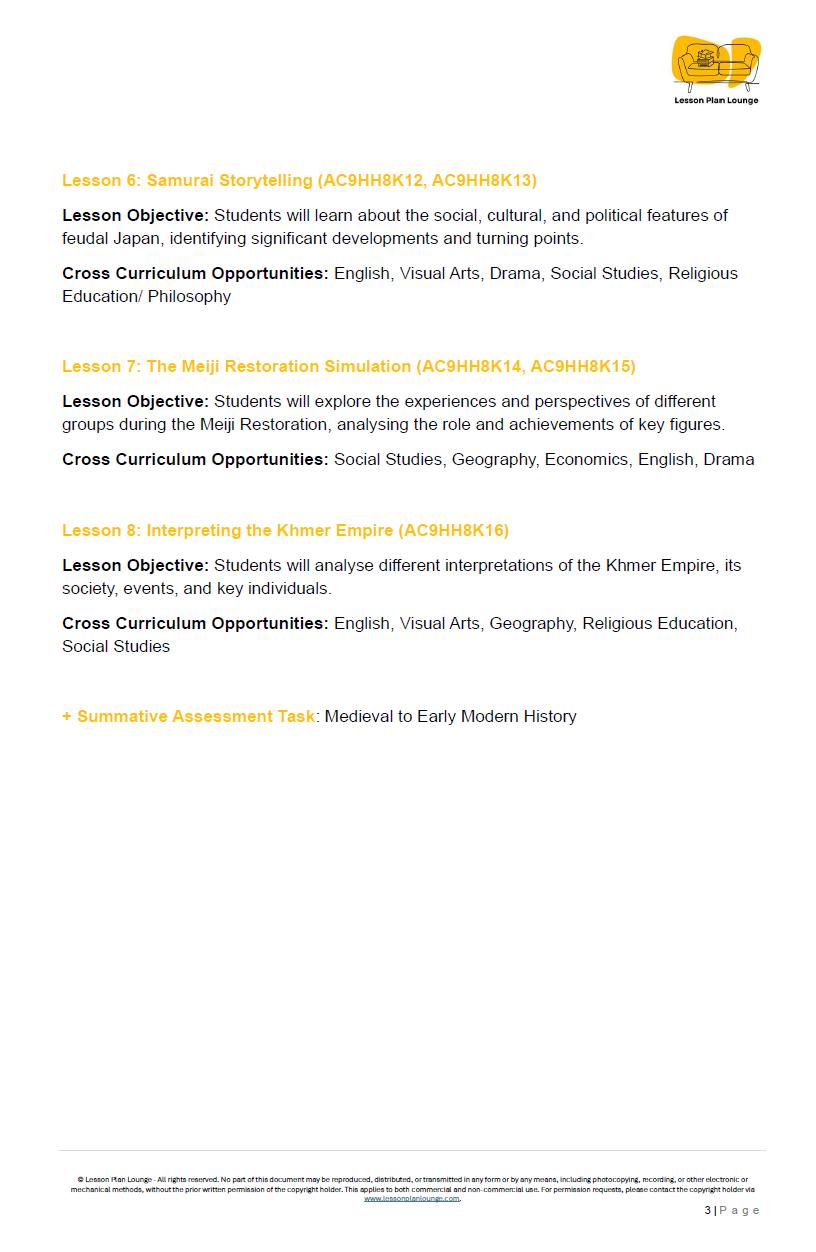 HASS History: 8 Lesson Plans (covering 16 lessons) + 1 Summative Assessment Task + FREE Student WORKBOOK (Year 8)